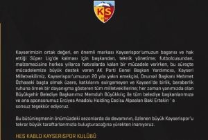 Kayserispor'dan teekkr mesaj