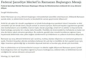 Merkel'den Trke Ramazan mesaj