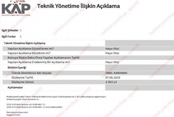 Trabzonspor, nal Karaman' KAP'a bildirdi