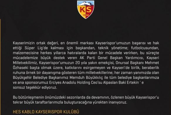 Kayserispor'dan teekkr mesaj