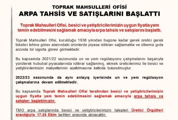 TMO arpa tahsis ve satışlarını başlattı