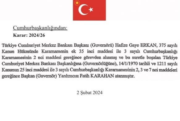 Merkez Bankası Başkanlığına Karahan atand
